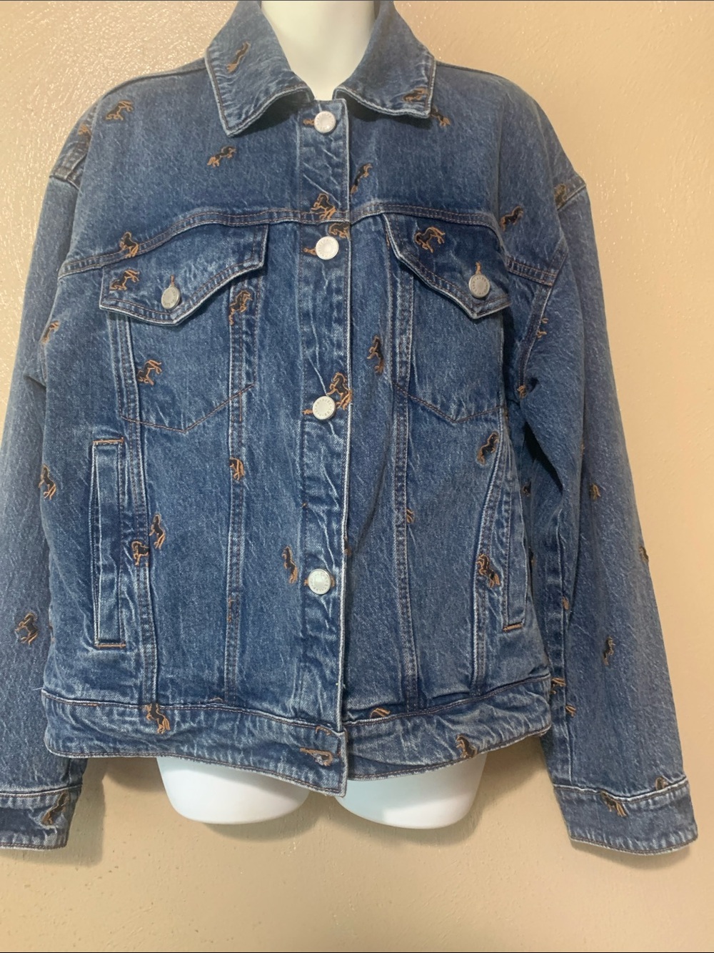 Avec Les Filles size M Blue Embroidered Horses Denim Jacket NWT